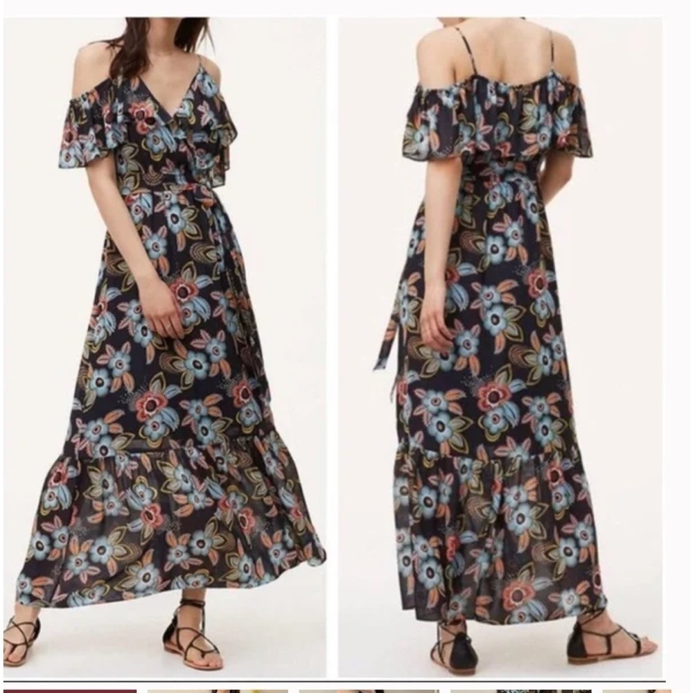 ANN TAYLOR LOFT Navy Blue Floral Long Maxi Dress Off The Shoulder Small